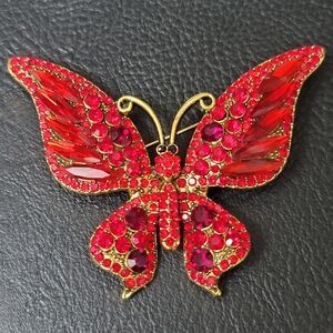 Large Red Butterfly Brooch- Red Rhinestones - Sparkly!